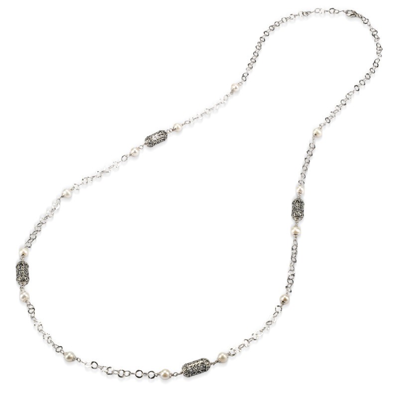 COLLANA GERARDO SACCO LUNGA ARGENTO BRUNITO CON LANTERNE E PERLE 27984
