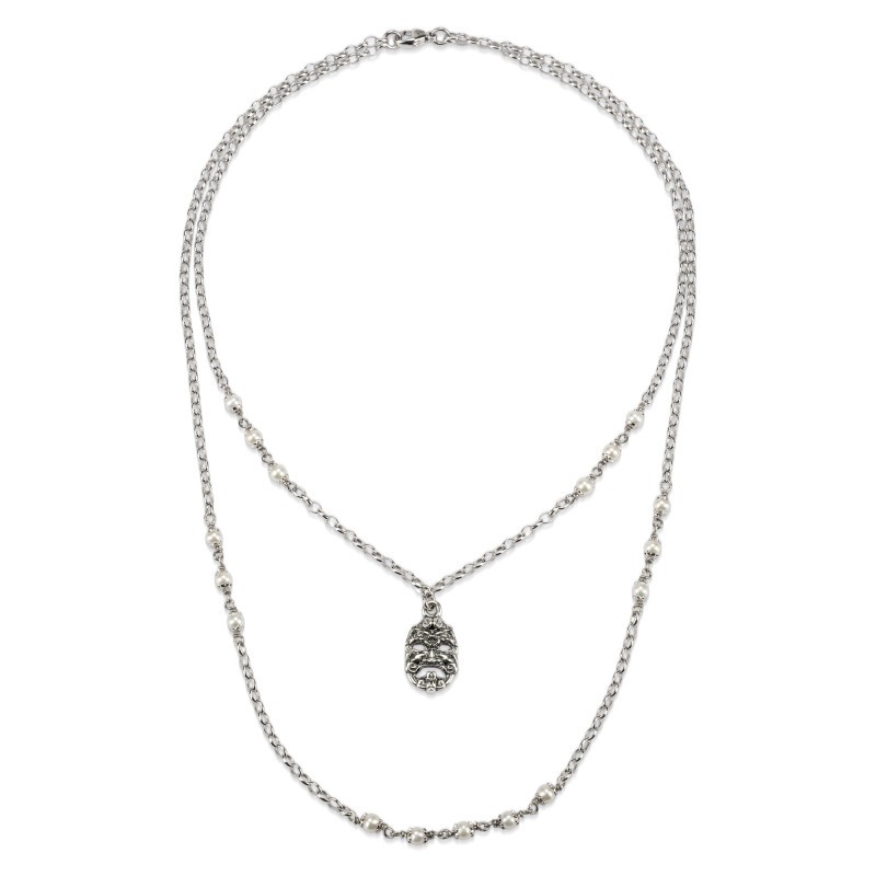 COLLANA GERARDO SACCODOPPIO FILO ARGENTO BRUNITO CON MASCHERE E PERLE 27973
