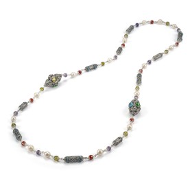 COLLANA LUNGA ARGENTO BRUNITO CON TROTTOLE  SINACOLI PERLE E ZIRCONIA MULTICOLOR 27982